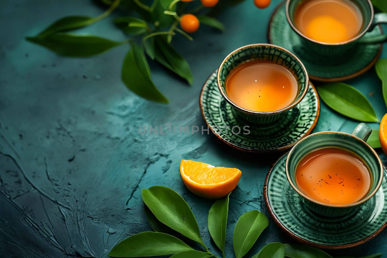 Two cups of tea with oranges and leaves. Generative AI.