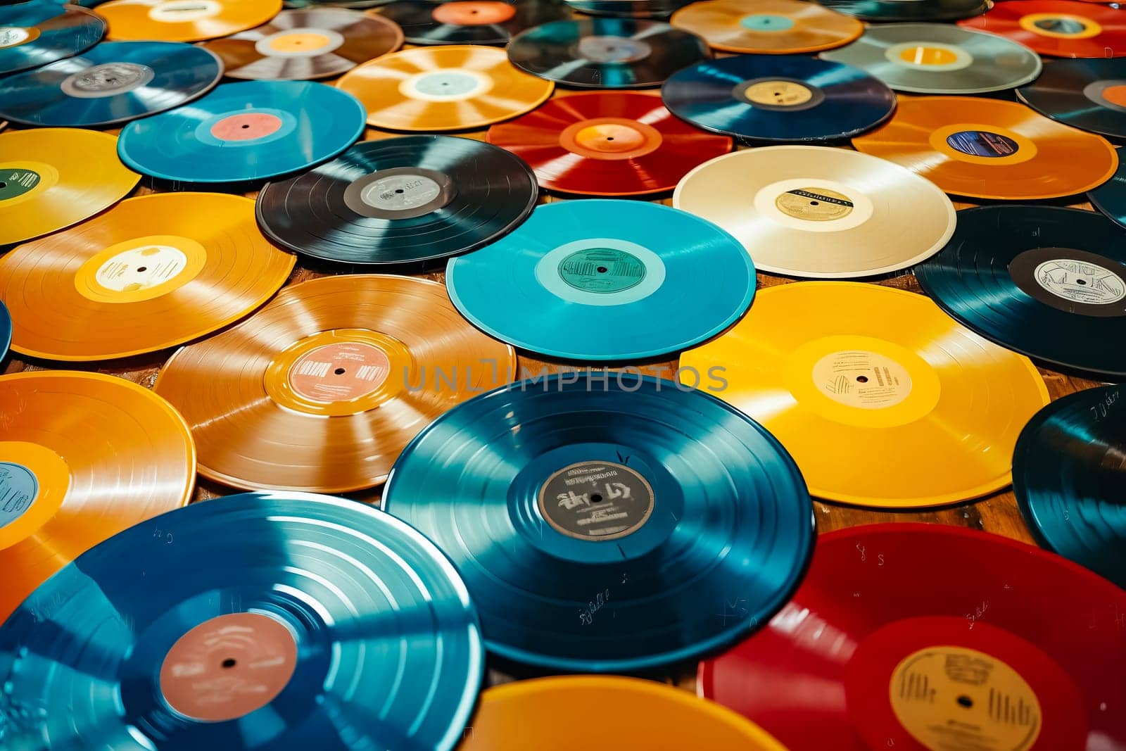 Large collection of colorful vinyl records. Generative AI.