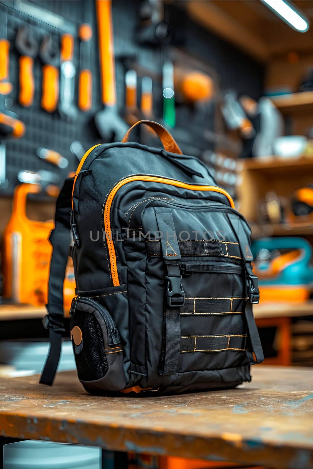 A black backpack with orange straps sits on a table. The backpack is made of a durable material and has a lot of pockets. Concept of practicality and preparedness. Generative AI