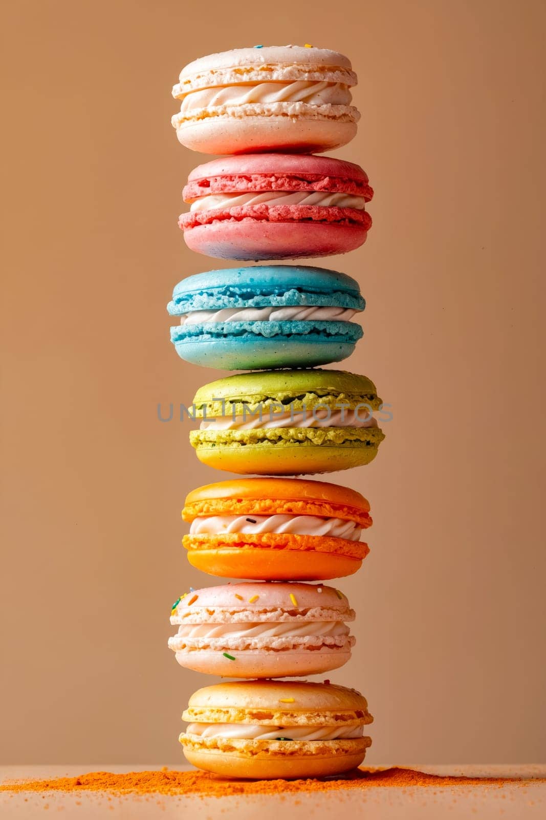 Stack of colorful macarons on brown background. Generative AI.