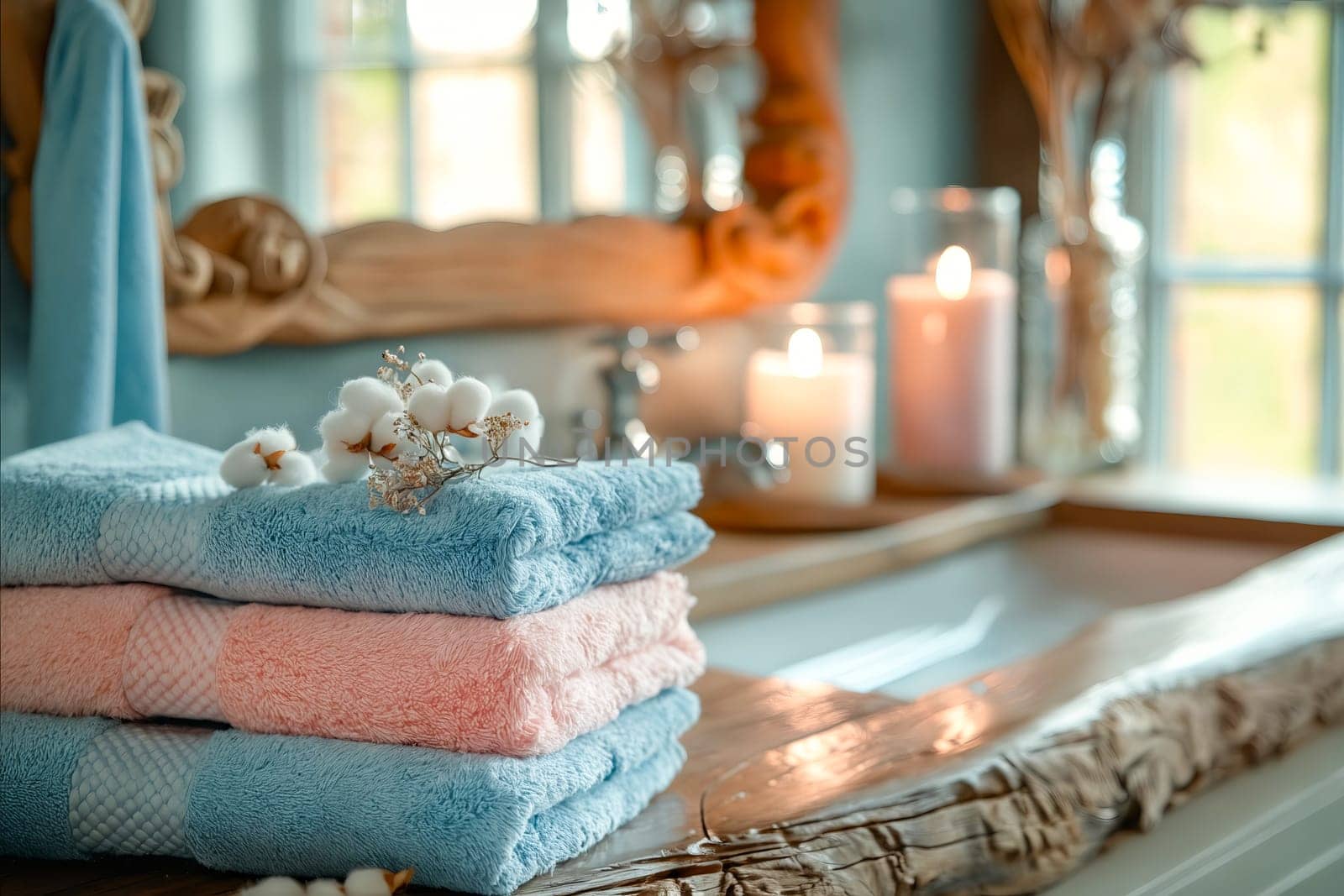 A stack of blue, pink, and white towels are on a wooden counter next to a sink. The towels are arranged in a way that they are all visible, and the sink is filled with water. Generative AI