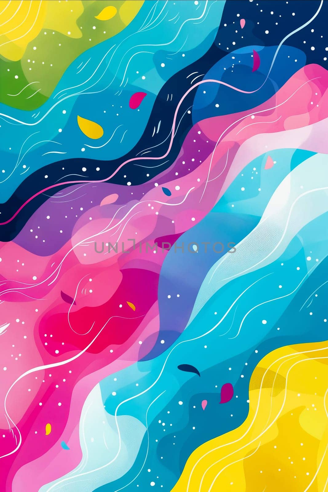 A colorful abstract painting with a blue and yellow wave. The painting is full of different colors and has a lot of detail. The mood of the painting is bright and cheerful. Generative AI