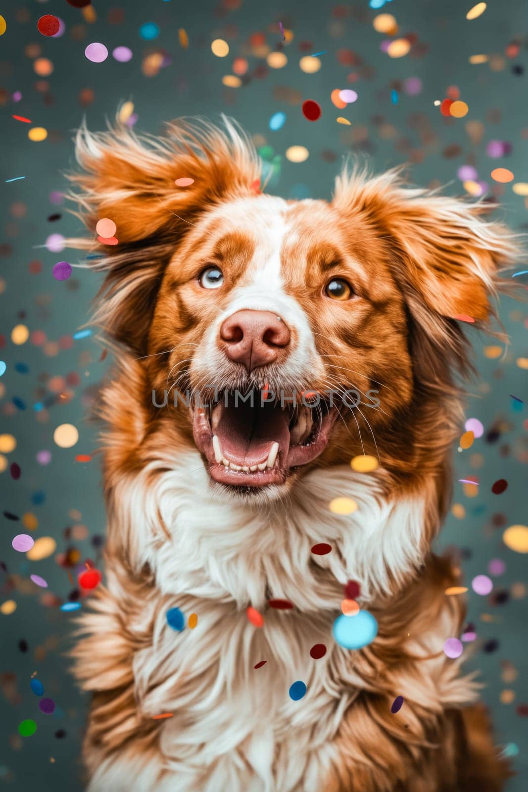 Dog with confetti falling behind it. Generative AI.