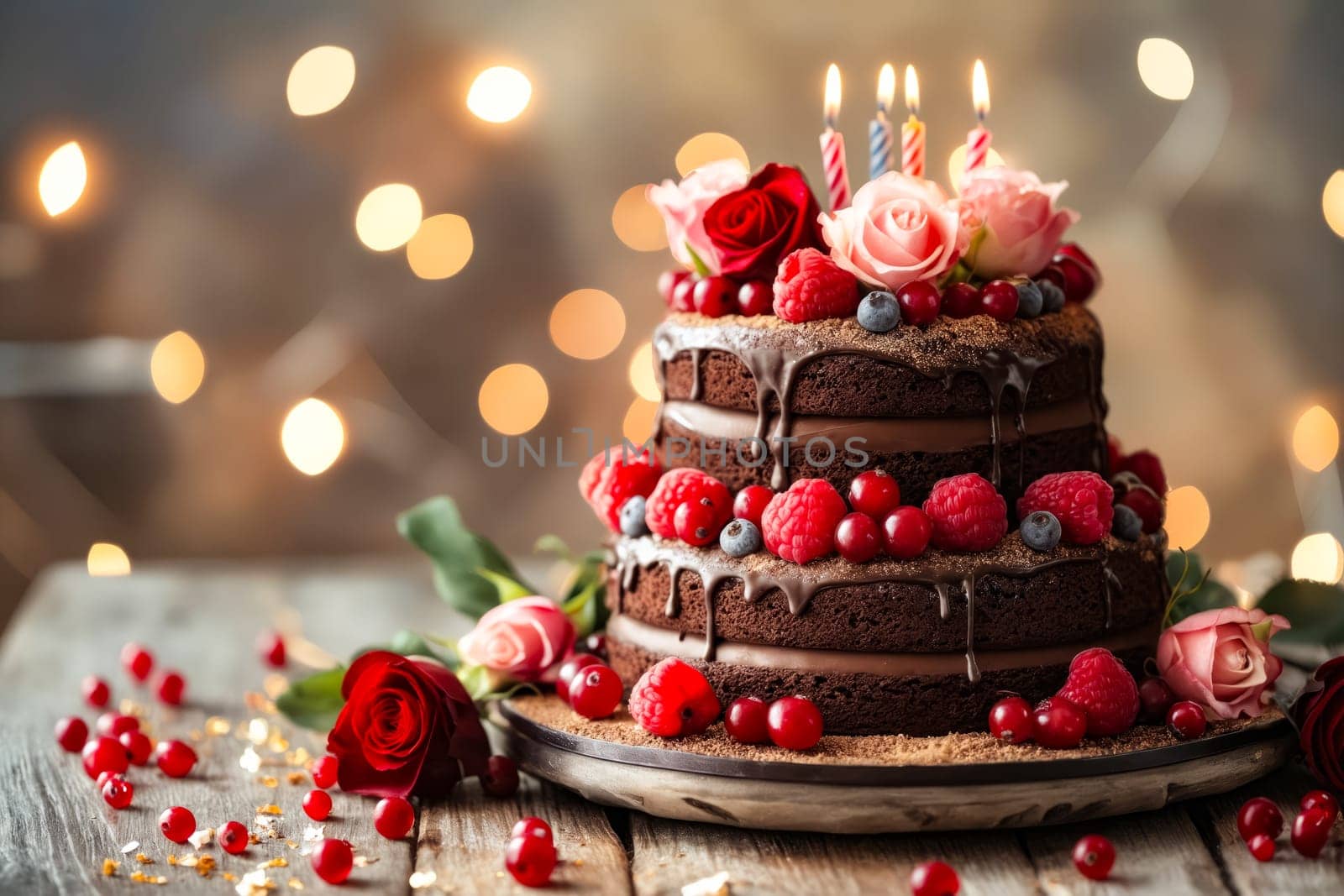 Chocolate cake with candles and berries on wooden table. Generative AI.