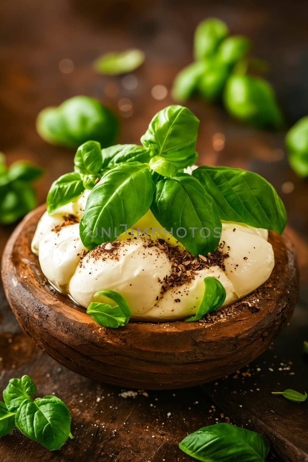 Bowl of ricotta cheese with basil leaves. Generative AI.