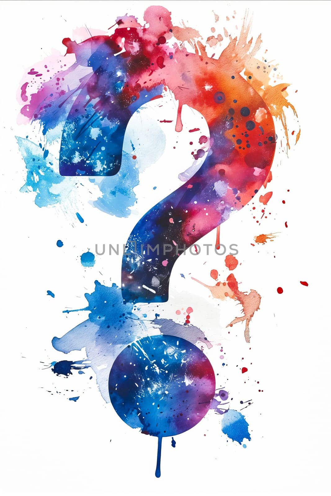 A colorful question mark with splatters of paint surrounding it. The splatters of paint give the impression of a chaotic and abstract design. The question mark itself is open. Generative AI
