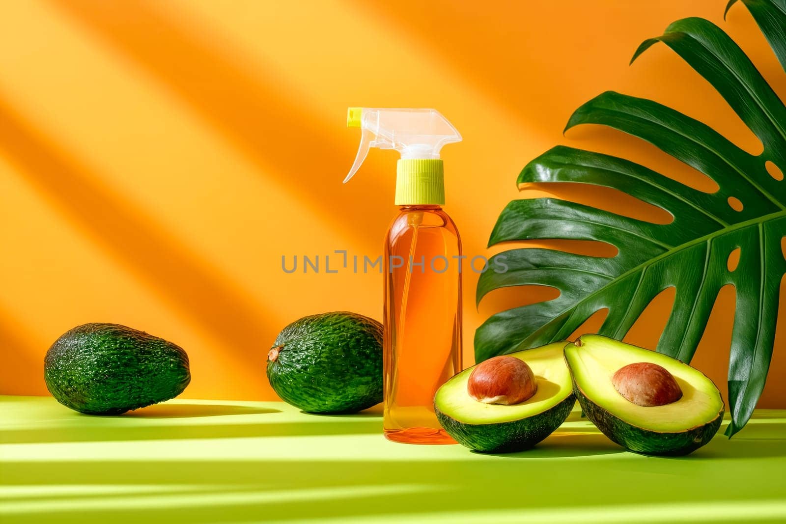 Avocados and bottle of spray on orange background. Generative AI.