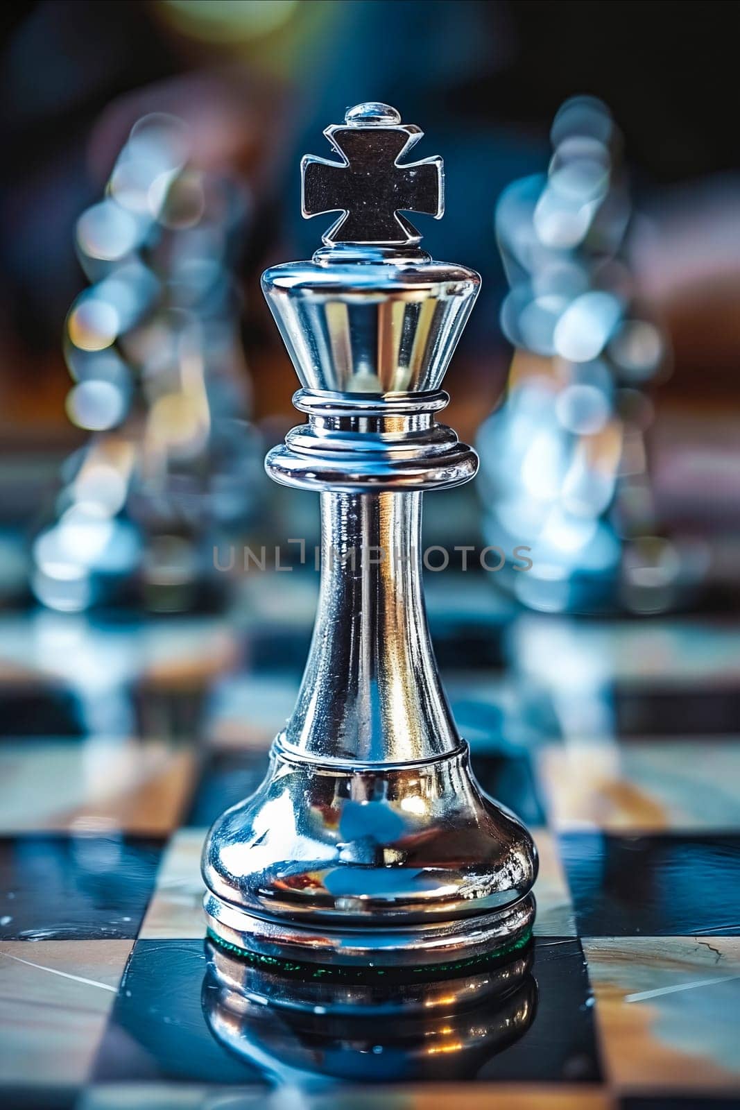 A silver chess piece is on a black and white checkered board. Generative AI