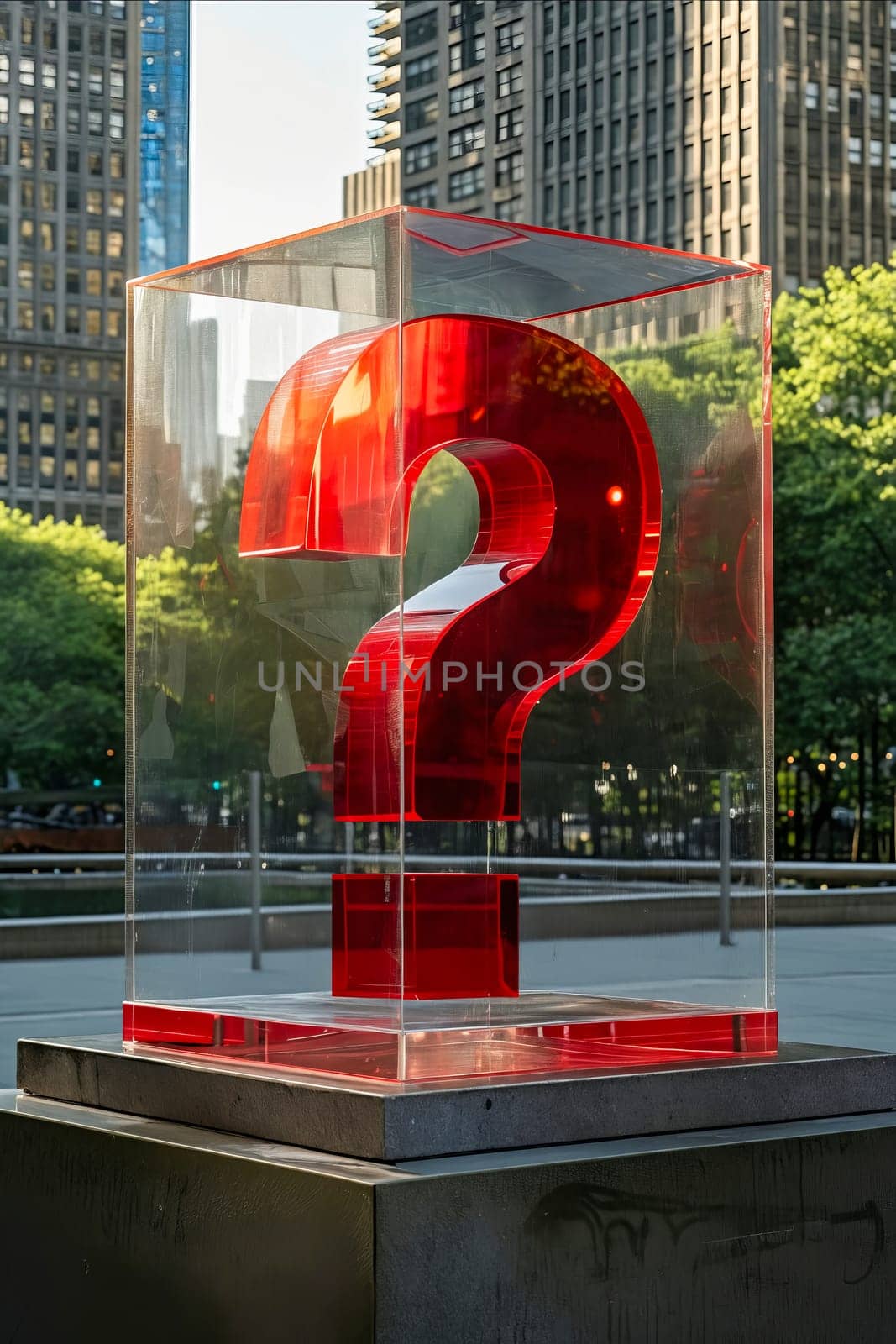 A red question mark is inside a clear box. The box is on a concrete block. Generative AI