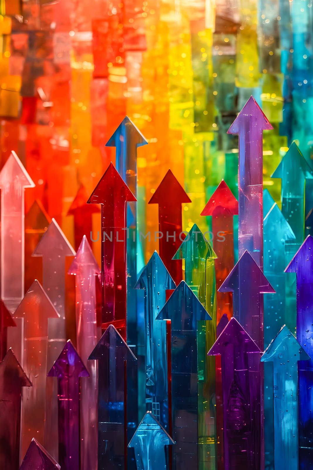 Colorful wall of arrows with rainbow background. Generative AI.