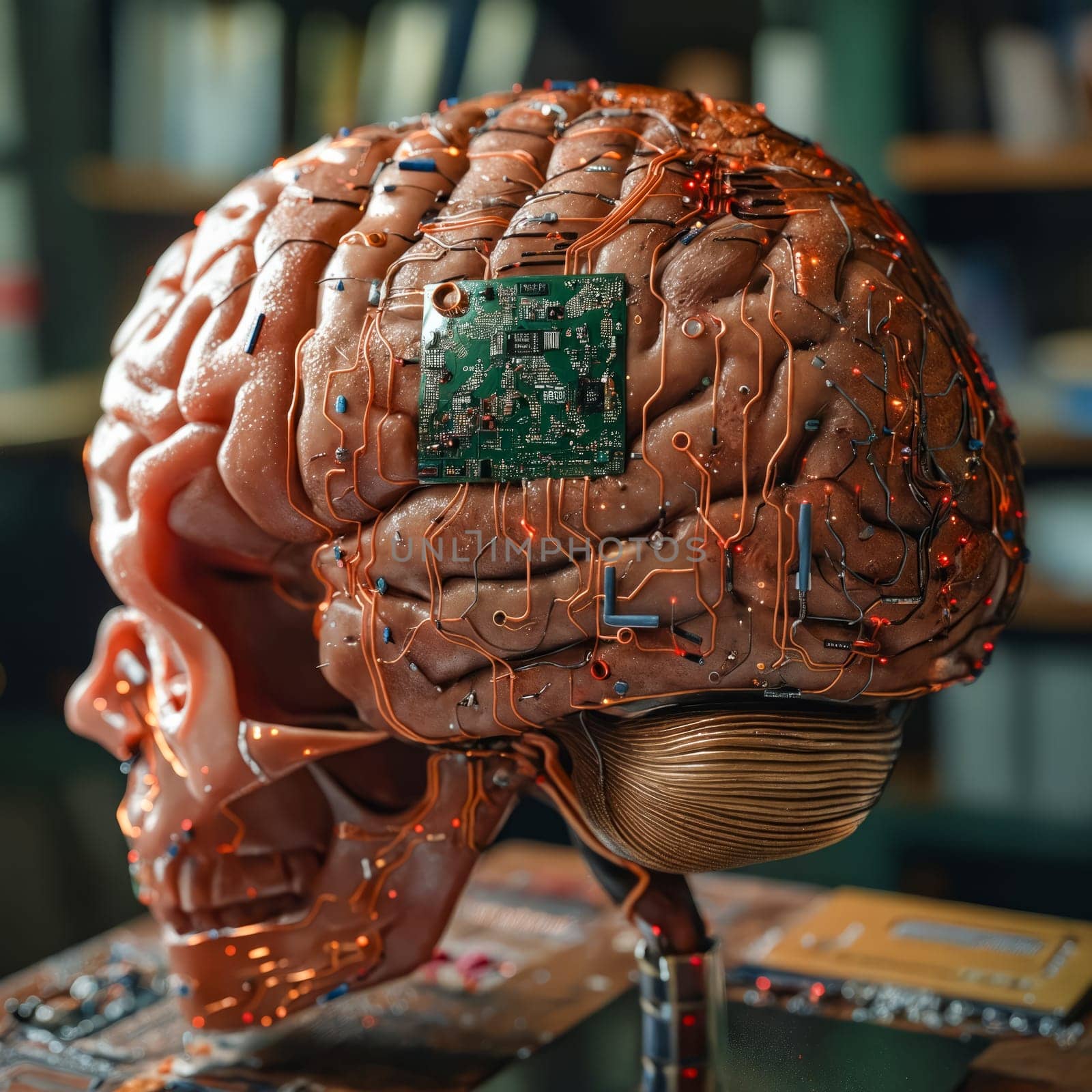 Model of human brain with electronic parts. Generative AI.