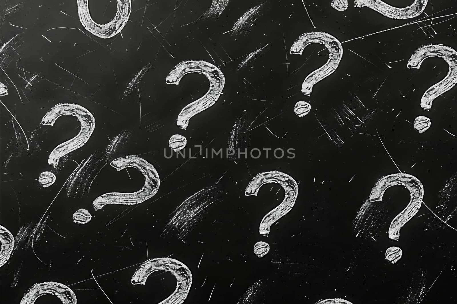 A black and white chalkboard with many questions written on it. Scene is curious and thought-provoking. Generative AI