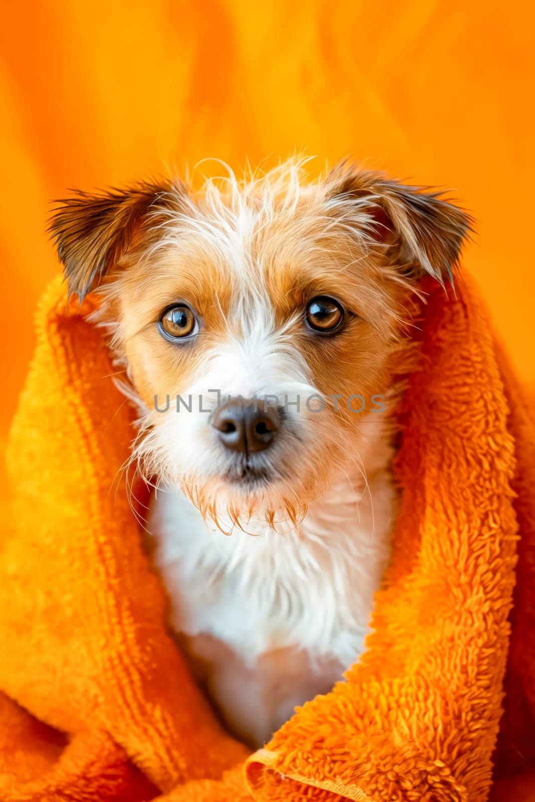 Small dog wrapped in orange towel. Generative AI.