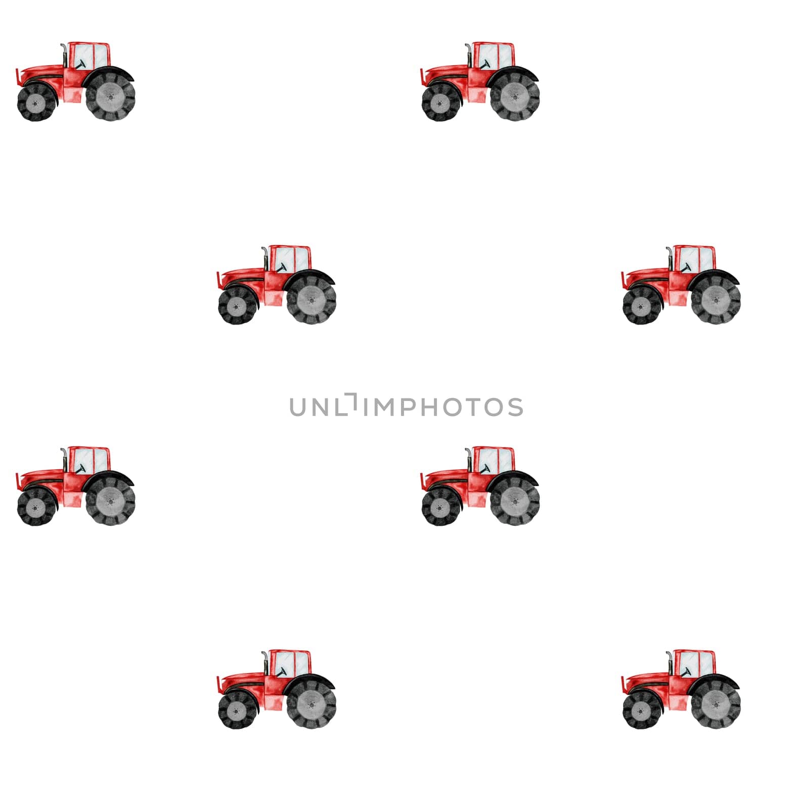Tractor watercolor seamless pattern. Drawing of a red toy car on a white background. Illustration of an agricultural machine. For children's textiles, bed linen, diapers, diapers for boys