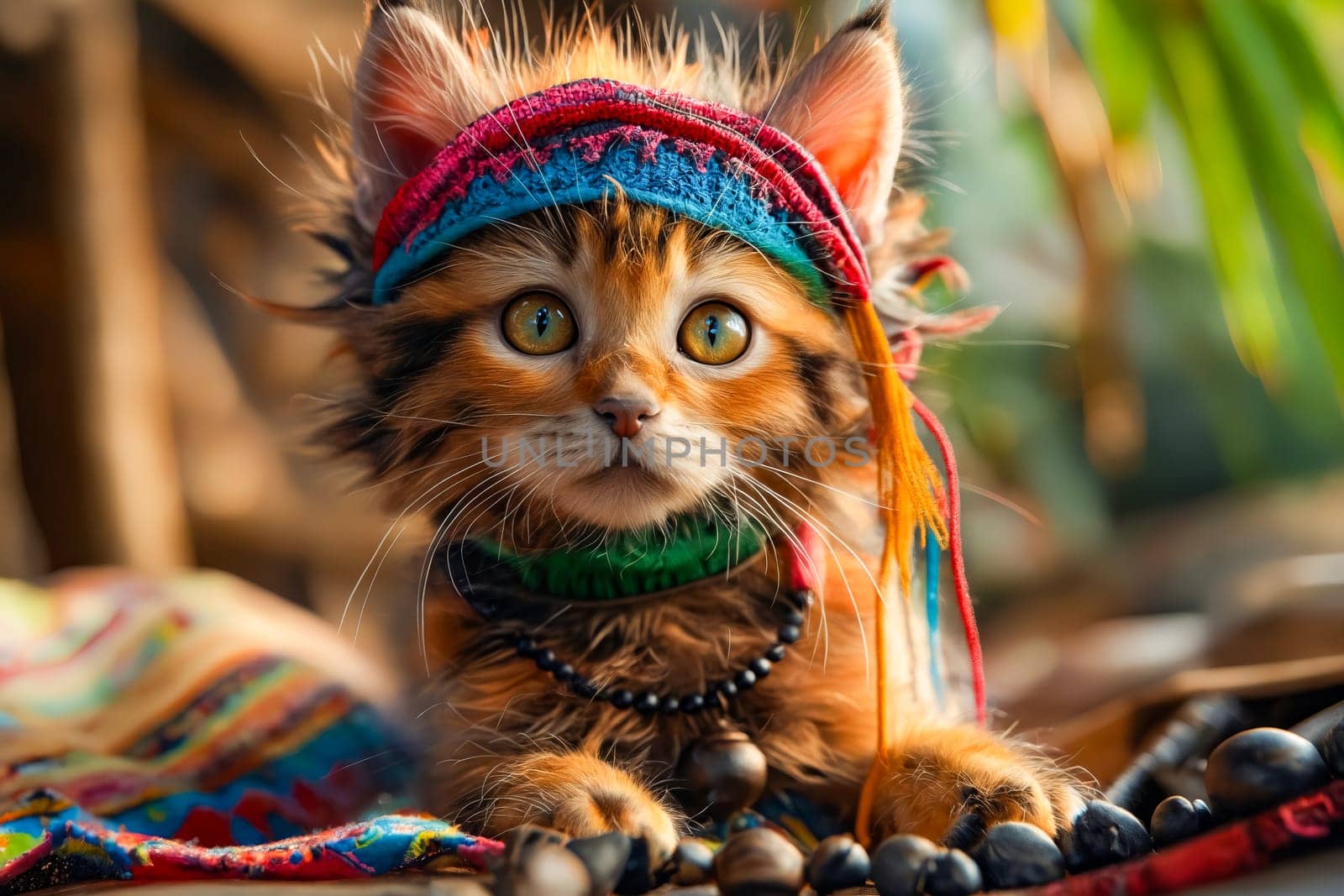 Kitten with headband and beads. Generative AI.