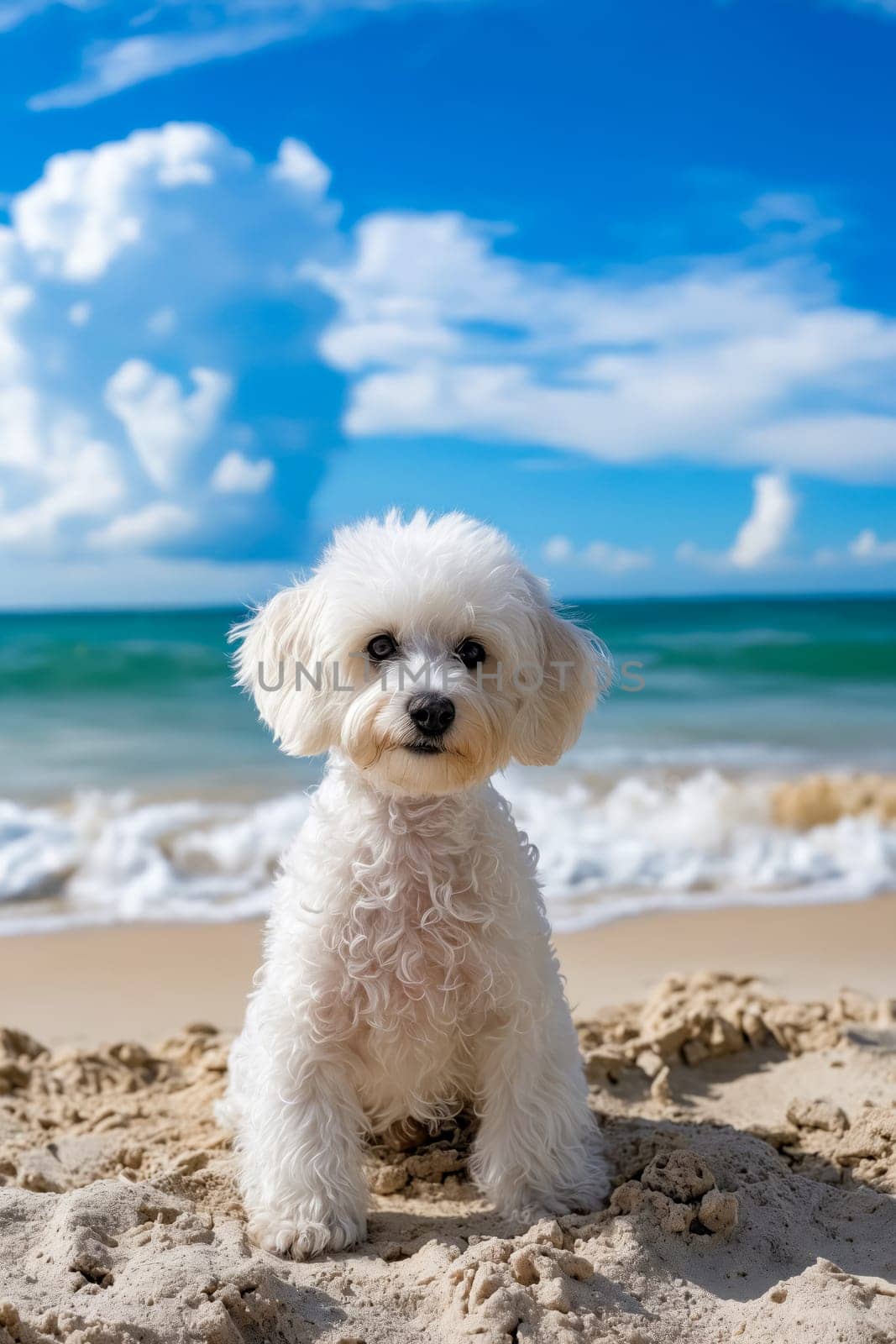 Small white dog sitting on the beach. Generative AI.