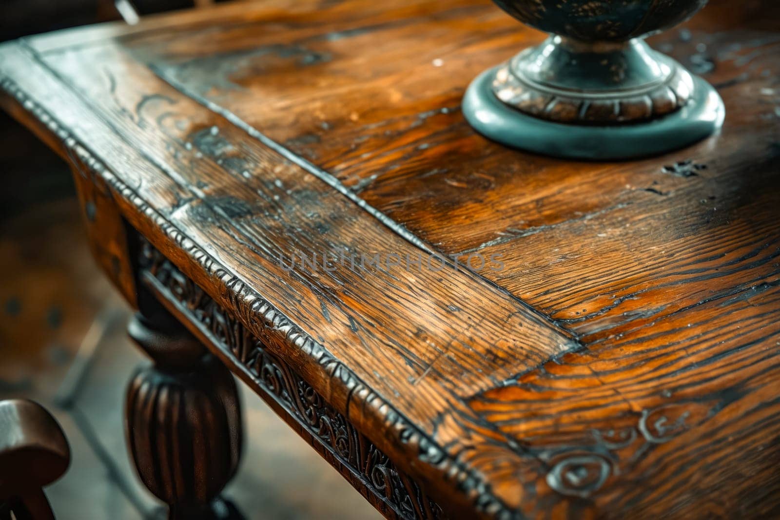 Close up of old wooden table. Generative AI.