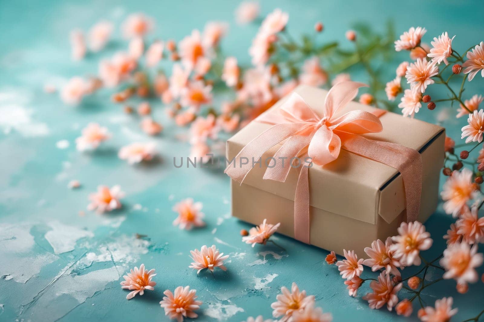 Gift box with pink flowers on blue background. Generative AI.