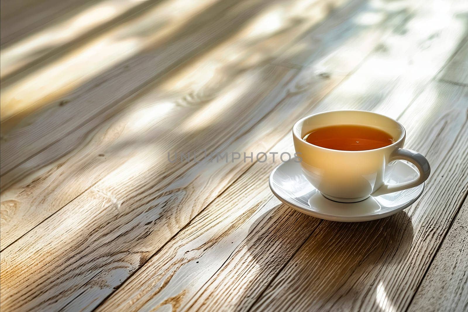 A white cup of tea sits on a wooden table. The cup is placed on a saucer, and the table is made of wood. Concept of relaxation and comfort. Generative AI