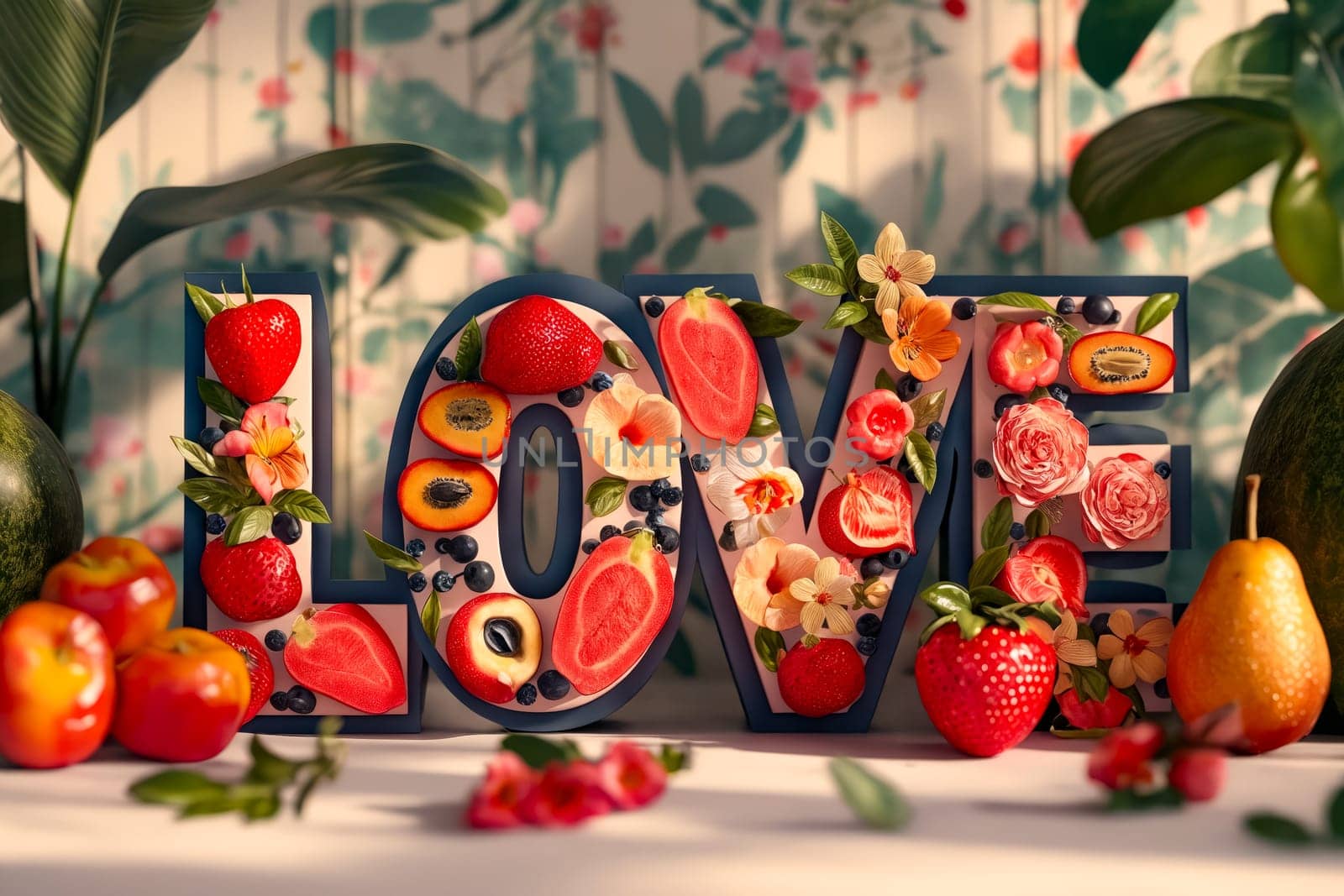 Love made of fruit and flowers. Generative AI.