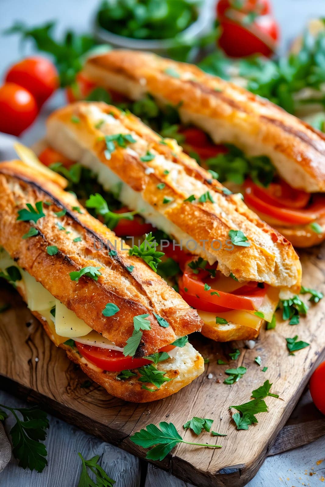 Sandwich with tomatoes and cheese on cutting board. Generative AI.
