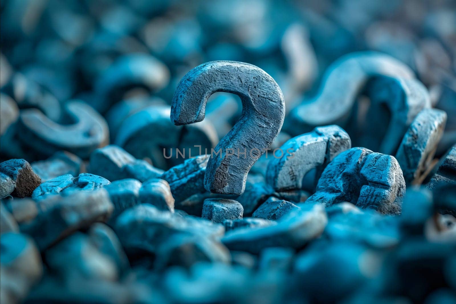 A pile of blue rocks with a question mark on top. Concept of curiosity and wonder, as the question mark is placed on top of the rocks, which are scattered around the scene. Generative AI