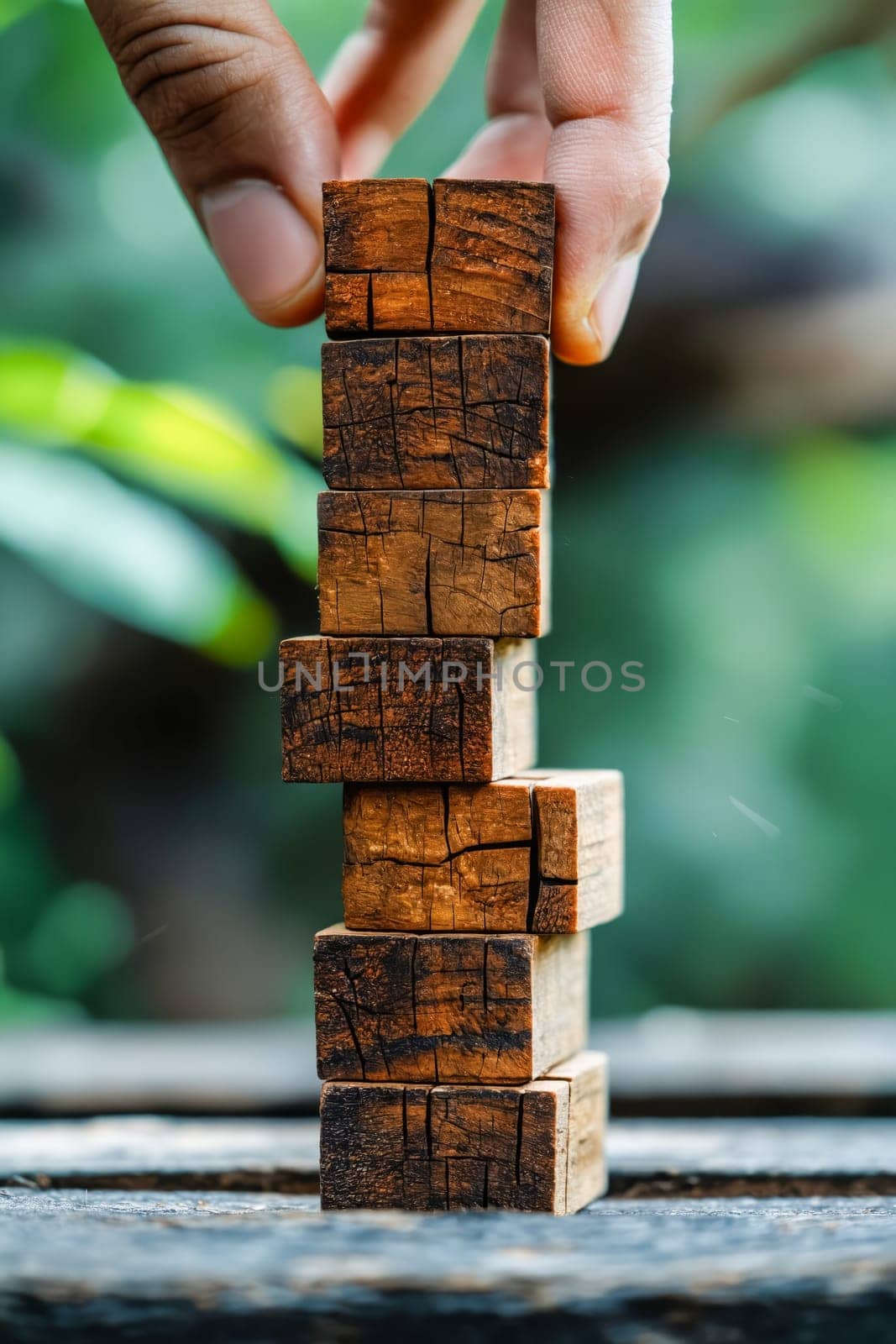 Hand holding wooden block. Generative AI.