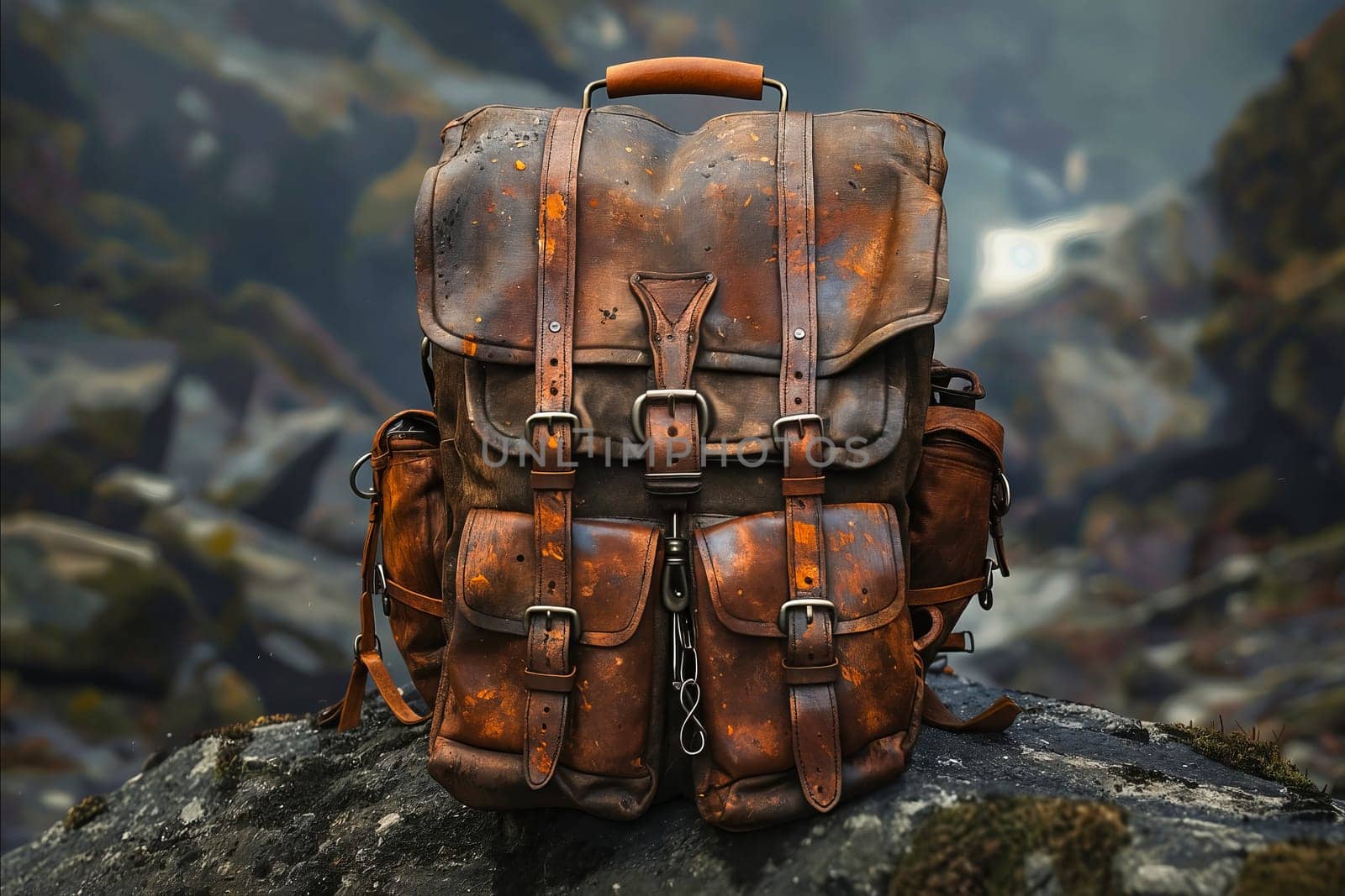 A brown leather backpack with a chain strap sits on a rock. The backpack is old and worn, with a rugged appearance. Concept of adventure and exploration. Generative AI