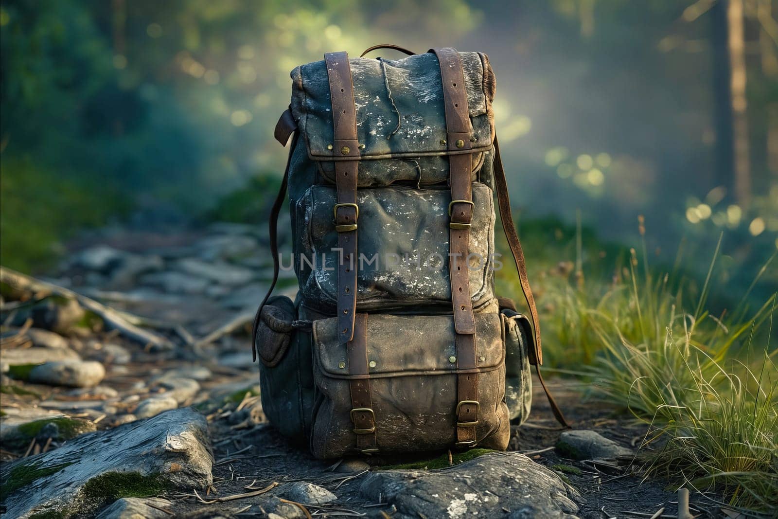 A dirty backpack is sitting on a rocky path. The backpack is old and worn, with a brown strap. The scene is set in a forest, with trees in the background. Scene is somewhat melancholic. Generative AI