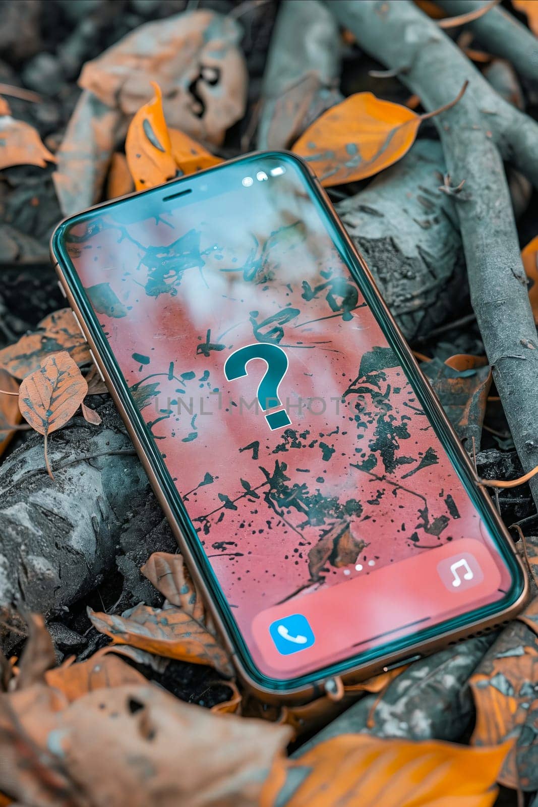 A phone with a question mark on it is laying on a pile of leaves. Scene is somewhat mysterious and contemplative. Generative AI