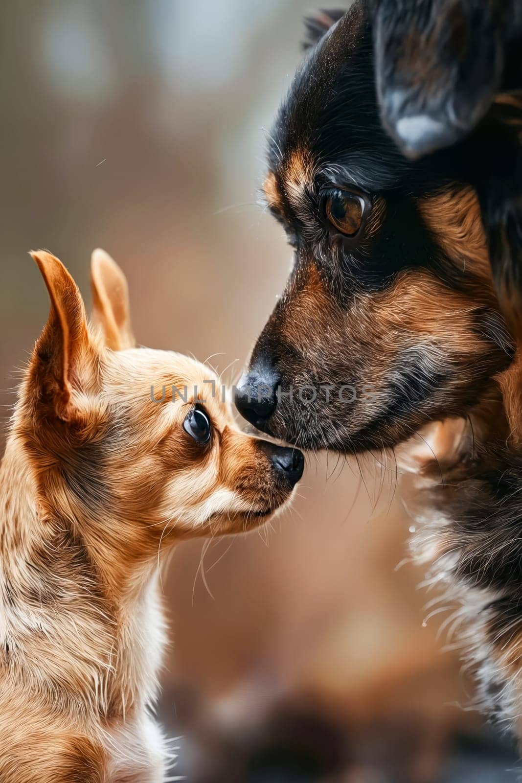 Small dog and larger dog kissing. Generative AI.