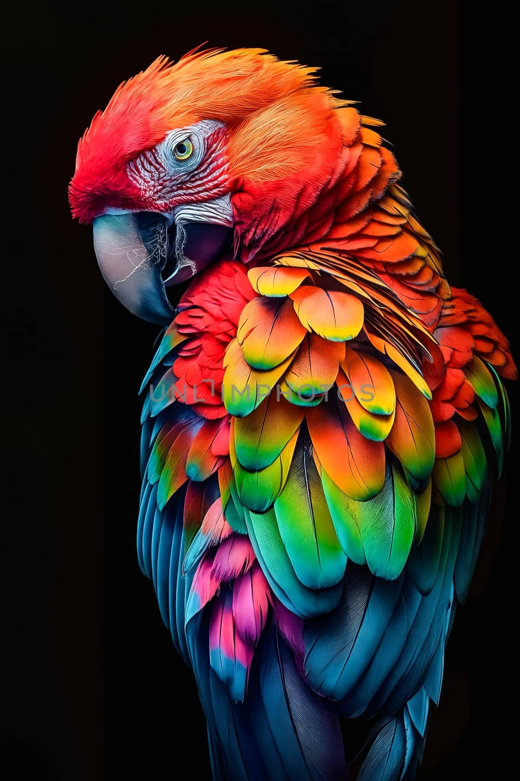 Colorful parrot with its feathers on black. Generative AI.