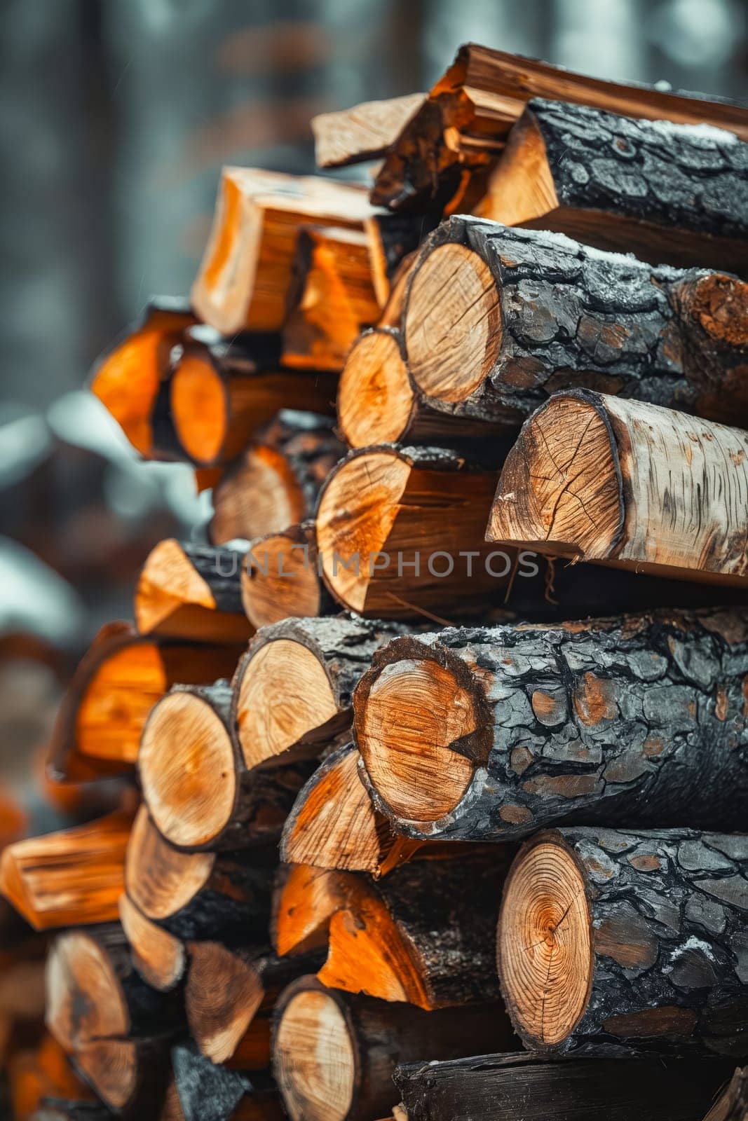 Pile of wood in forest. Generative AI.