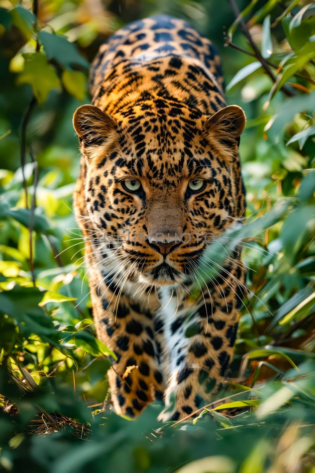 Leopard walking through the jungle. Generative AI.
