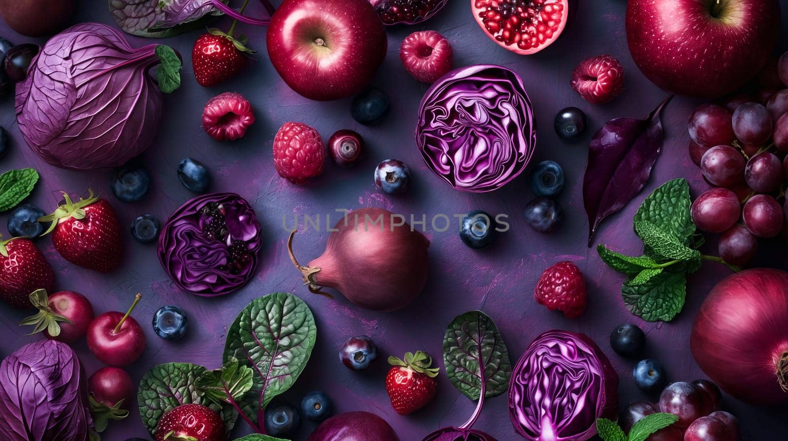 A colorful assortment of fruits and vegetables, including apples, pears, grapes, and raspberries, are arranged on a purple background. Concept of abundance and freshness, showcasing the vibrant colors. Generative AI