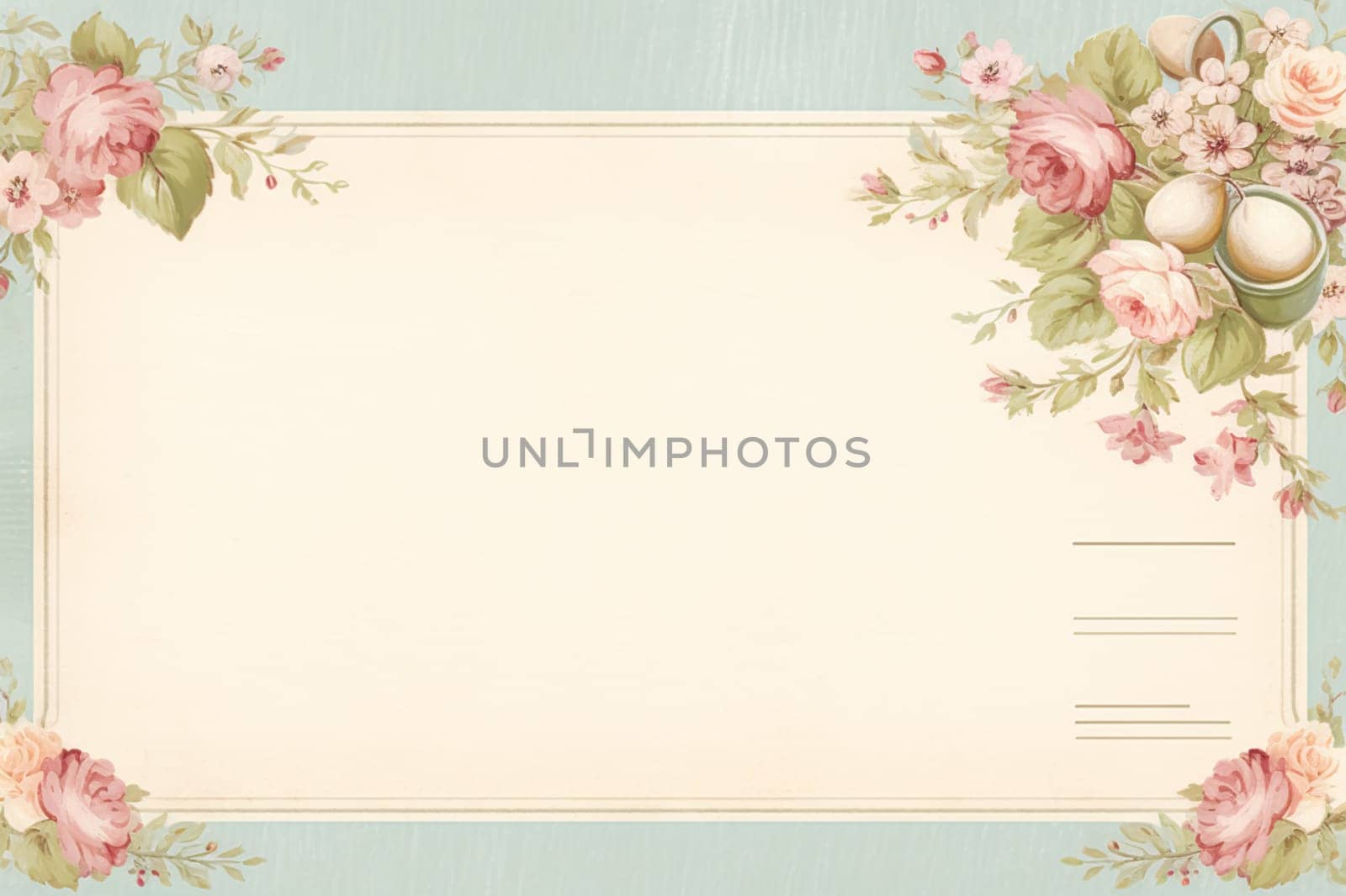 Blank vintage floral lined paper recipe card background for printable digital paper, art stationery and greeting card illustration idea