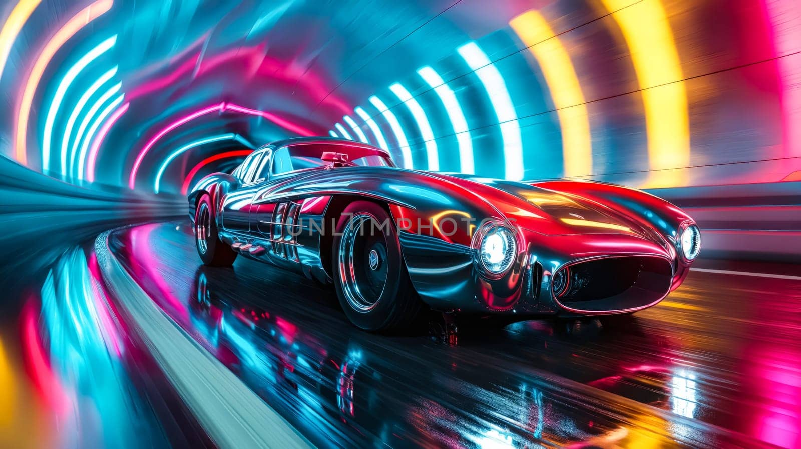 Car driving through tunnel with colorful lights. Generative AI.