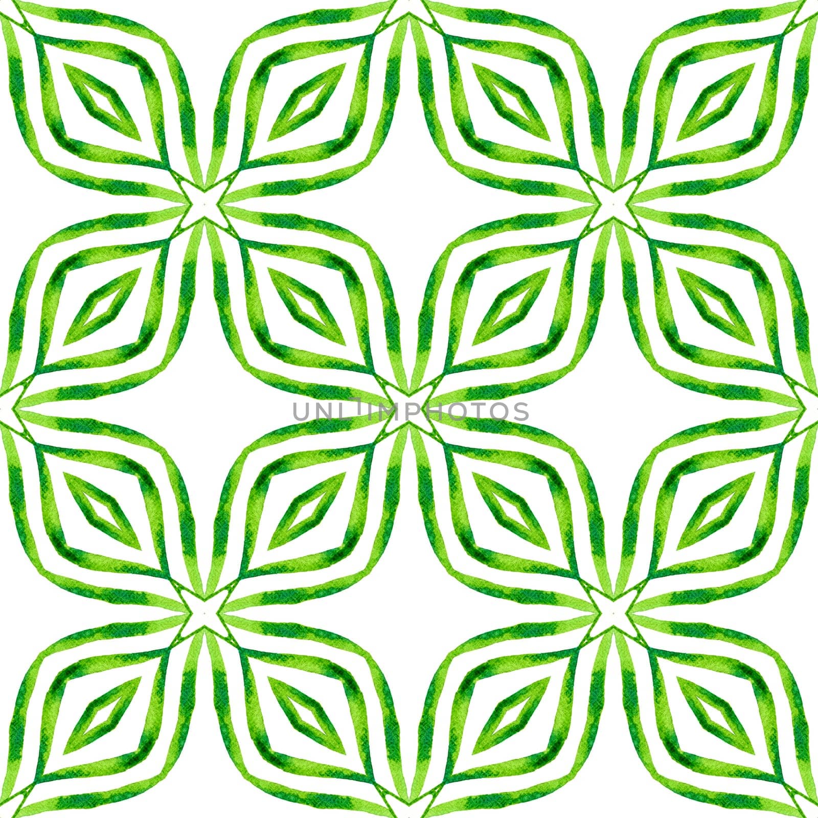 Textile ready dazzling print, swimwear fabric, wallpaper, wrapping. Green impressive boho chic summer design. Hand painted tiled watercolor border. Tiled watercolor background.