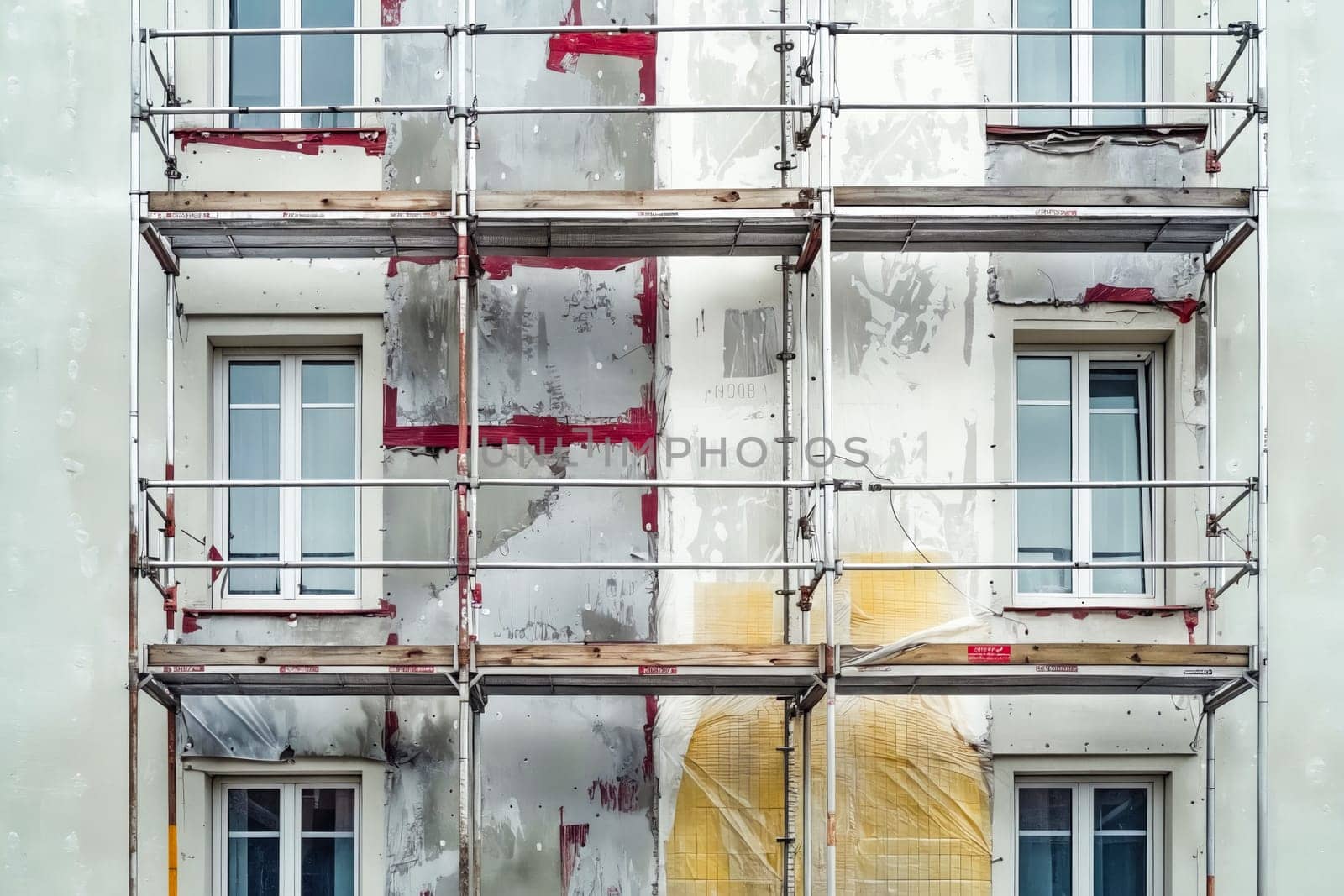 Building with scaffolding and windows. Generative AI.