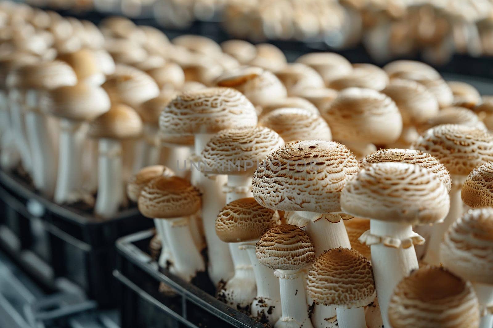 Champignons grow in boxes on a mushroom farm. Mushroom growing industry. Generated by artificial intelligence by Vovmar
