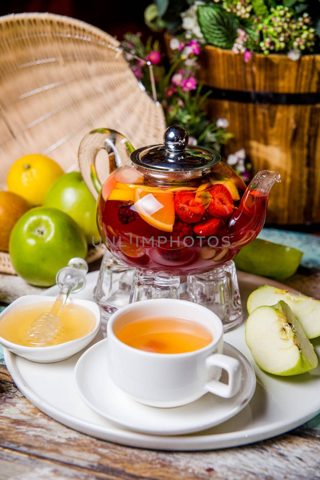 food photo of the tea ceremony with fruit on the table