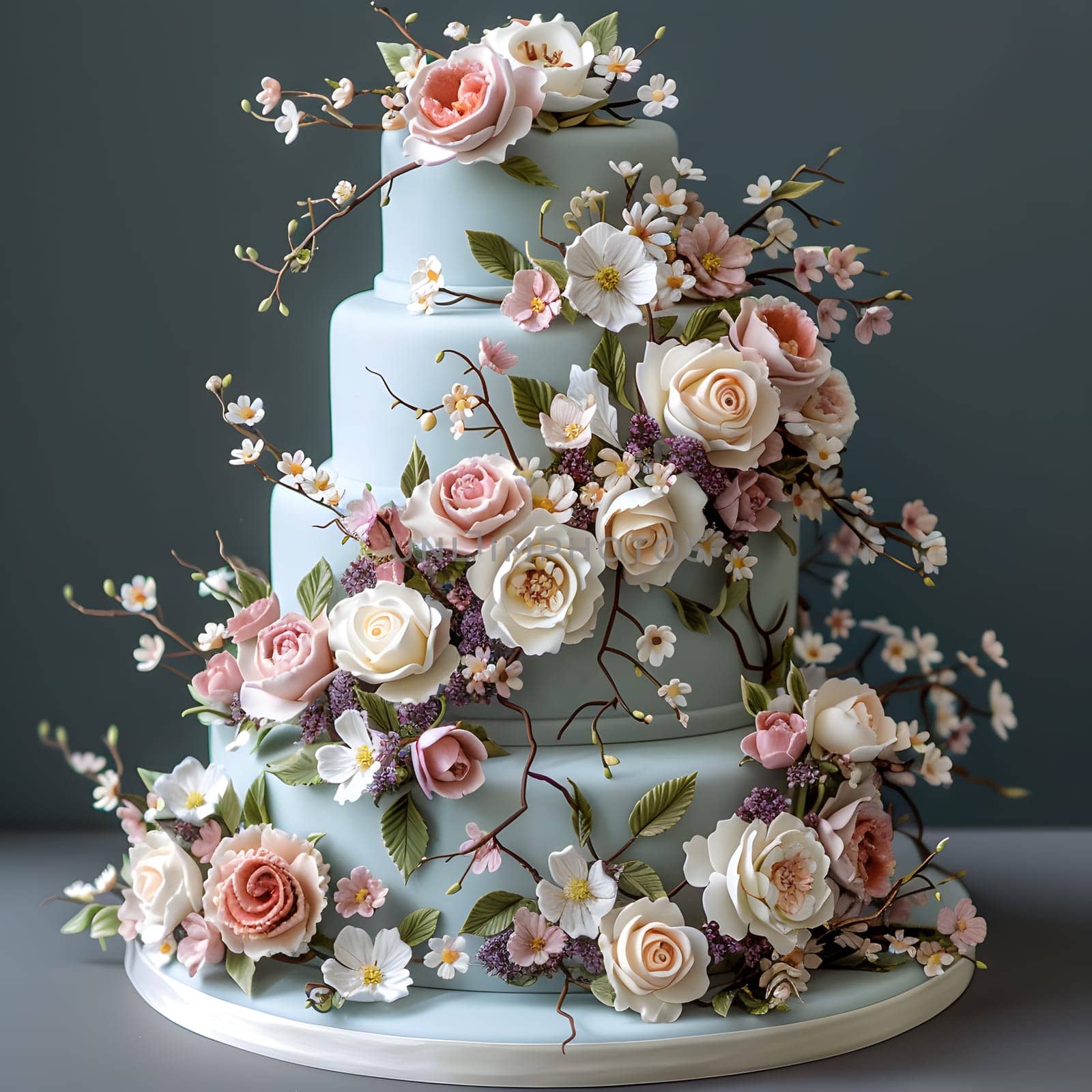 Wedding cake adorned with pink hybrid tea rose flowers sits on table by Nadtochiy