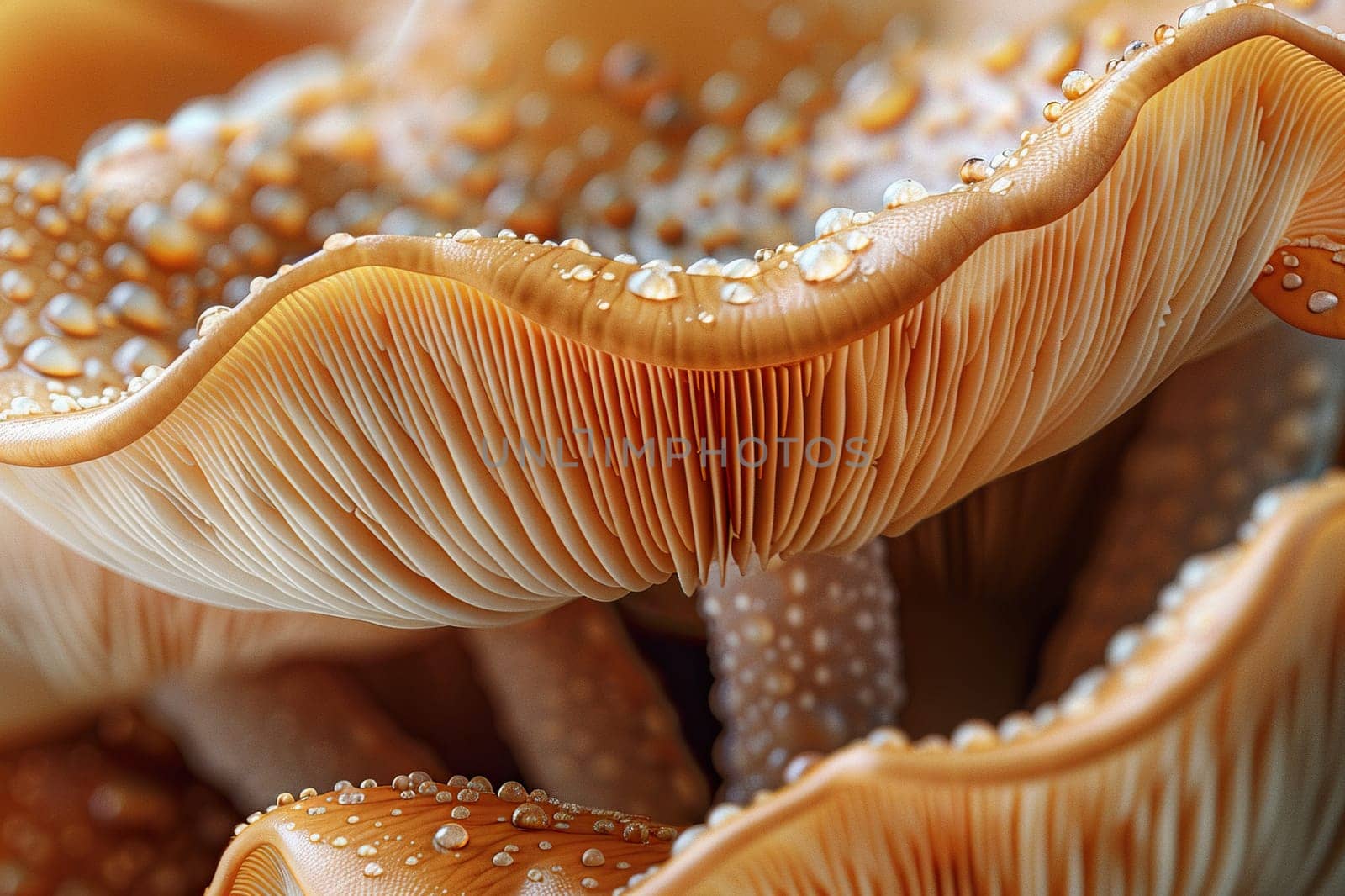 Close-up of mushroom texture with water drops.