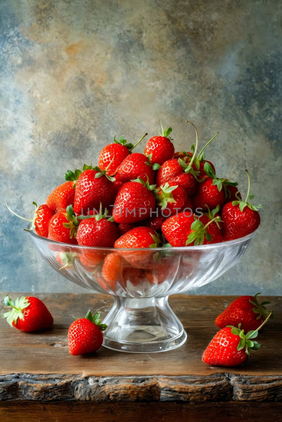 Bowl of strawberries on wooden table. Generative AI.