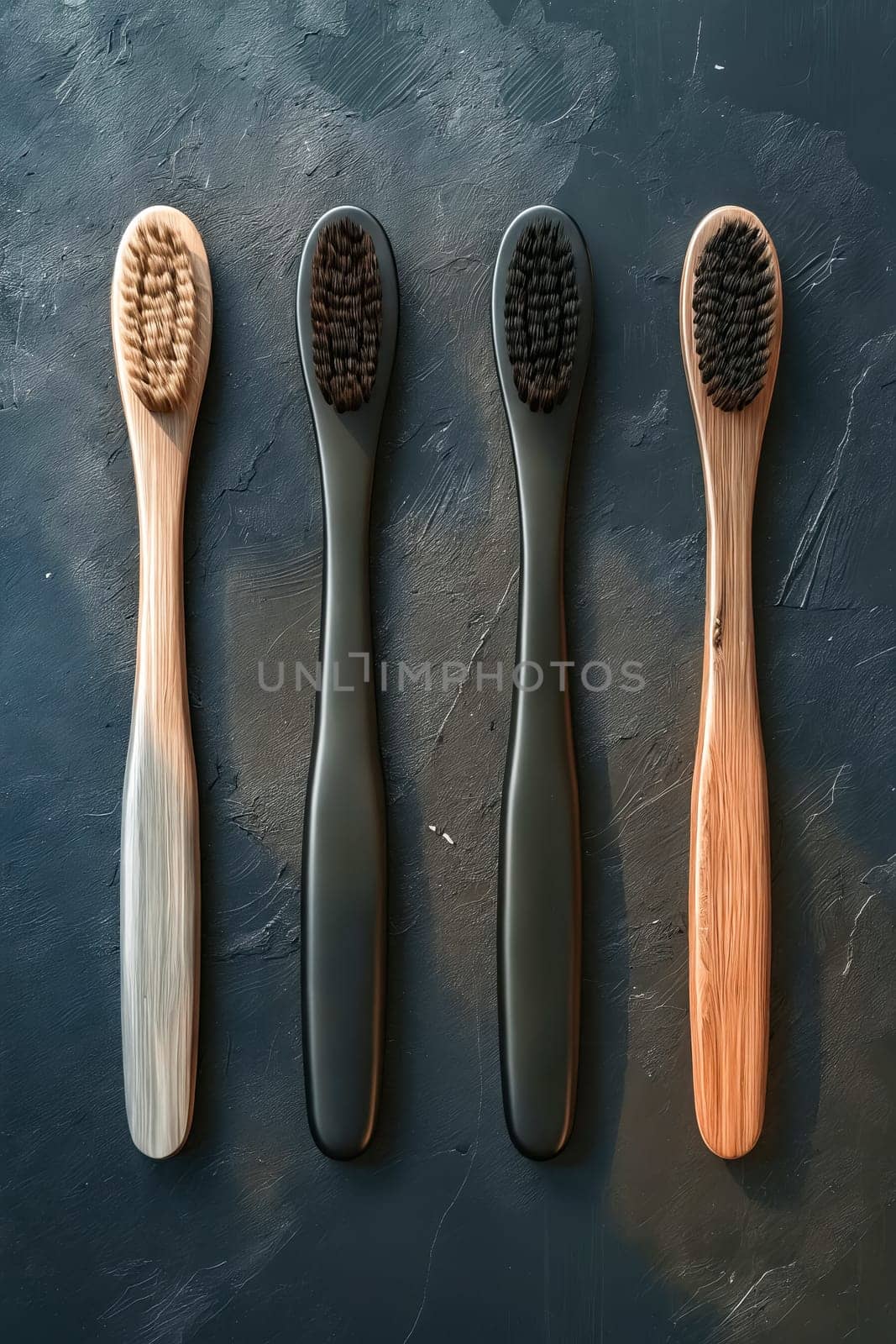 Four different types of wooden toothbrushes on dark surface. Generative AI.