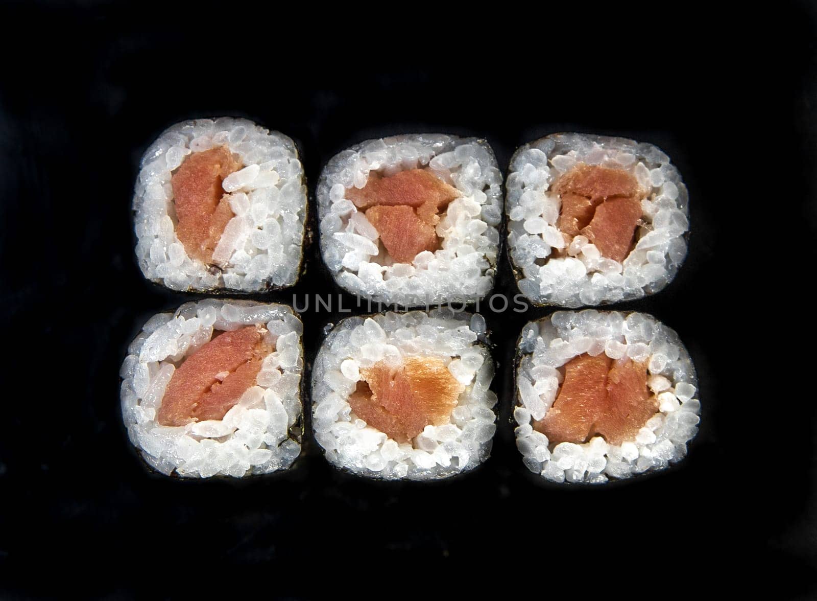 rolls isolated on black background. Photo for the menu