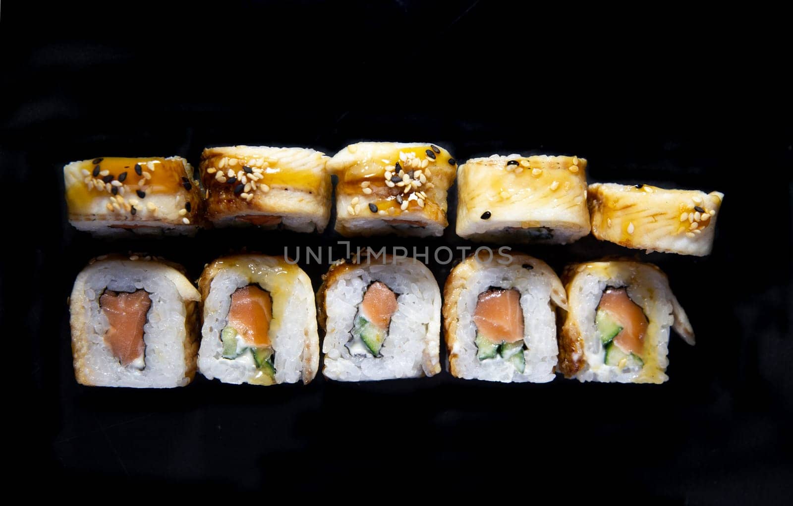 Photo for the menu. japanese rolls top view. by Pukhovskiy