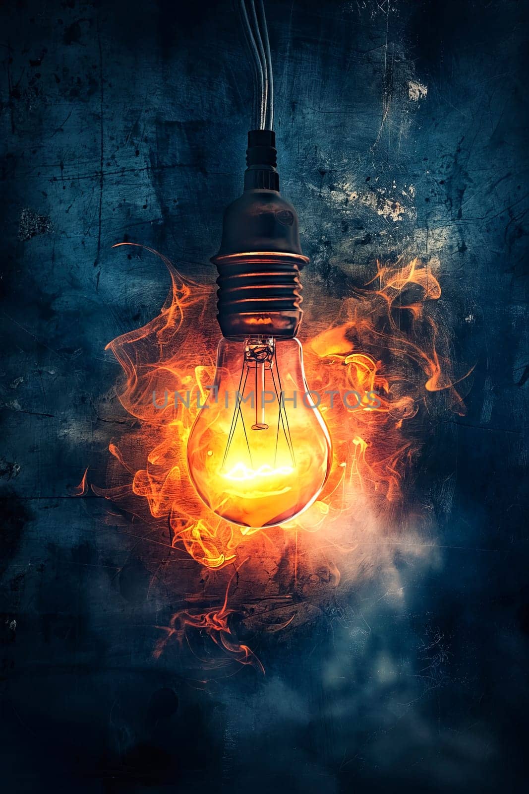 A light bulb is lit up with fire surrounding it. Concept of danger and destruction, as the light bulb is being consumed by the flames. Generative AI