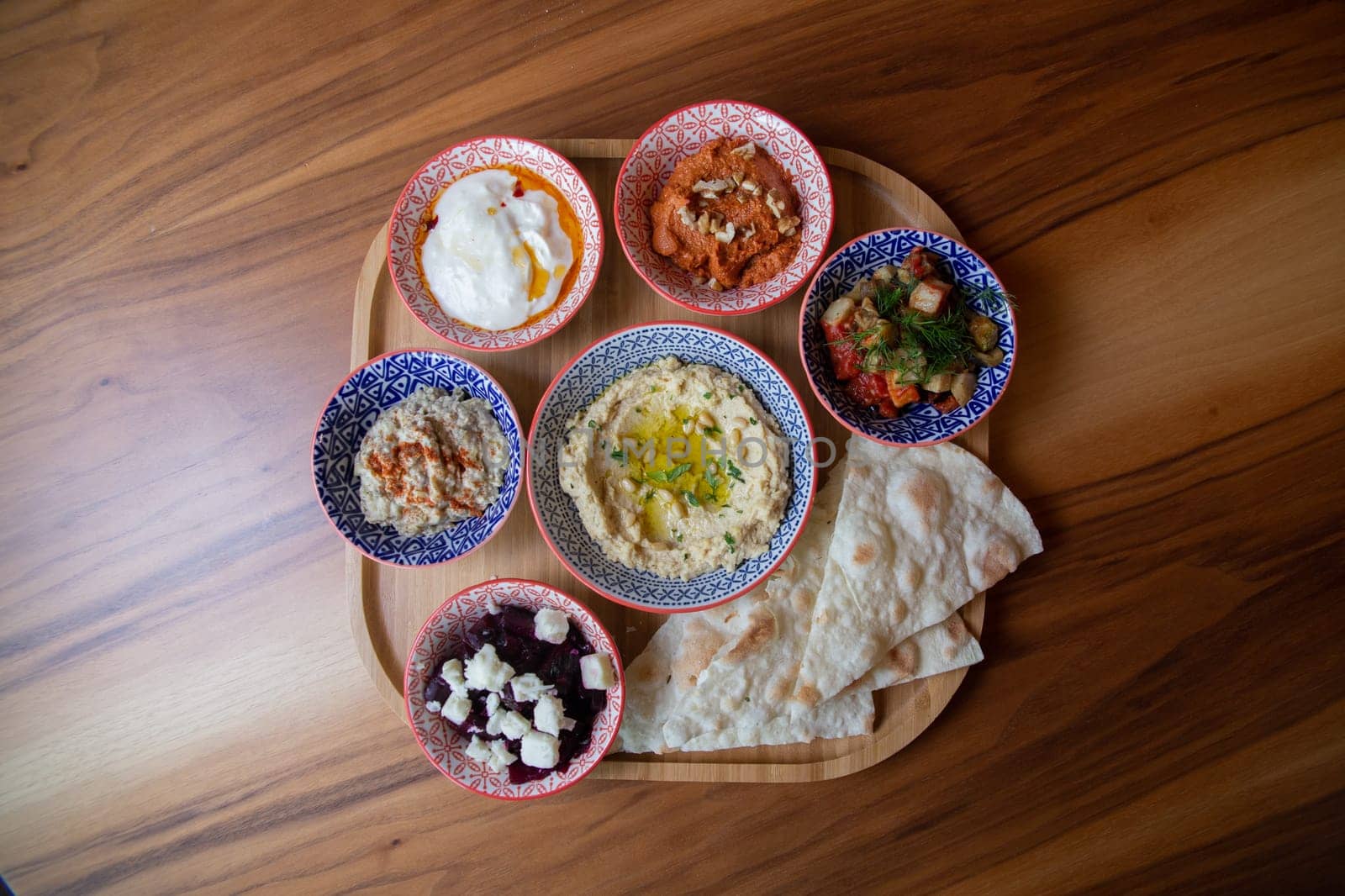 business lanch in a Turkish restaurant with appetizing dishes.