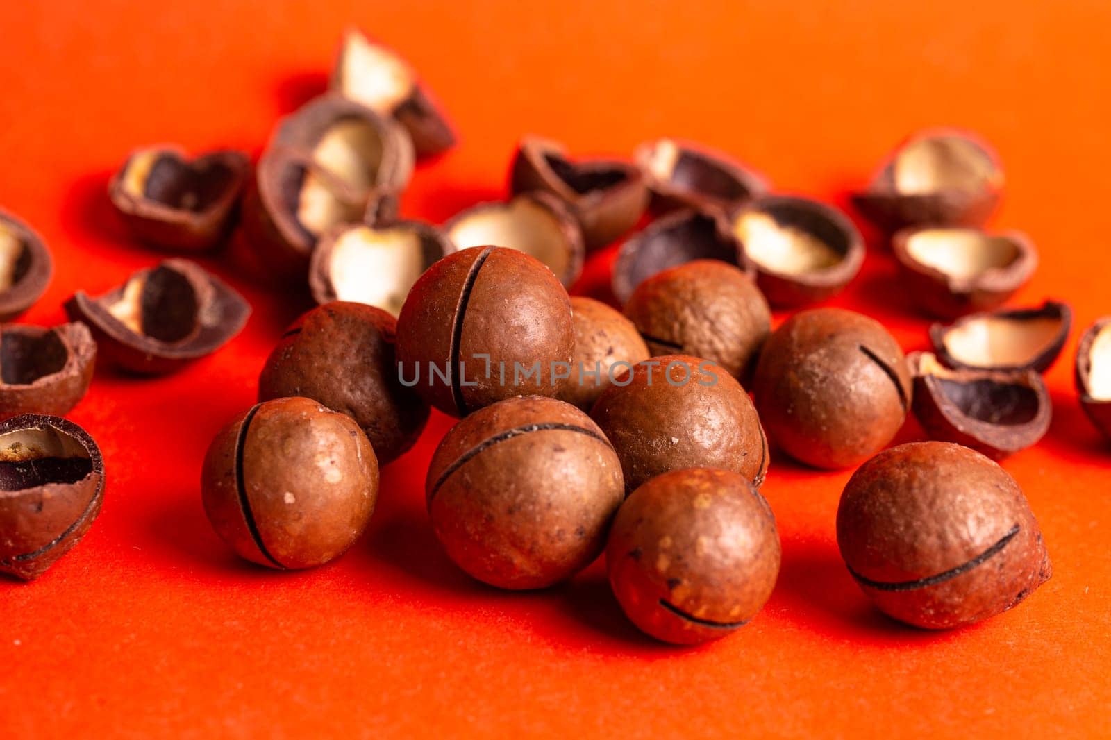 healthy macadamia nut for health on a red background by Pukhovskiy